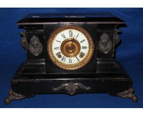Late 19th Century enamelled metal architectural two train mantel clock with gilded yellow metal mounts and enamelled dial wit