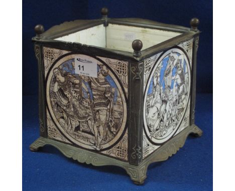19th Century brass framed square planter inset with Mintons Chinaworks of Stoke-on-Trent transfer printed tiles bearing the t
