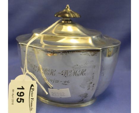 Silver engraved presentation sucrier and cover, London hallmarks and mark to base: S.J. Crabb, Glasgow.