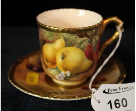 Royal Worcester bone china cabinet cup and saucer hand painted with fruits within mossy background and gilt borders, signed: 