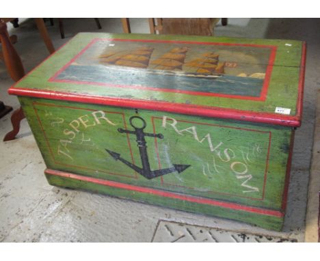 Pine trunk with fitted candle box, overall painted with marine scenes and entitled: Jasper Ransome. CONDITION REPORT: 96 x 49