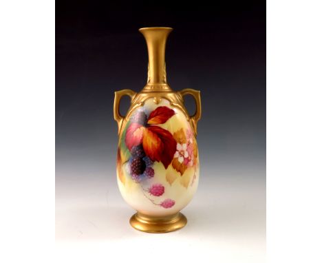 Kitty Blake for Royal Worcester, a fruit painted vase, 1931, ovoid twin handled form, decorated with blackberries, leaves and