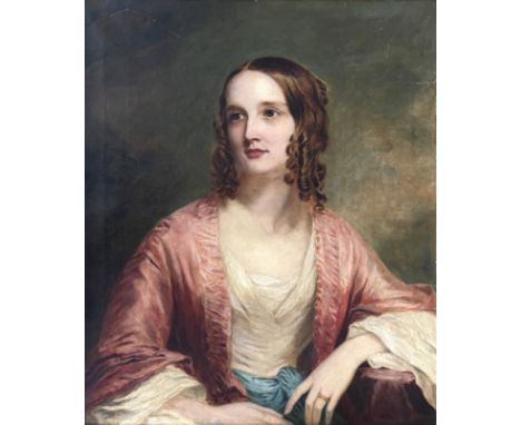 Follower of Sir Francis Grant, mid 19th Century, portrait of a young lady, half length in a white dress and pink wrap, oil on