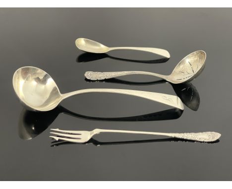 George III and later silver flatware including a sauce ladle, London 1805, William IV condiment spoon, pickle fork and a sift