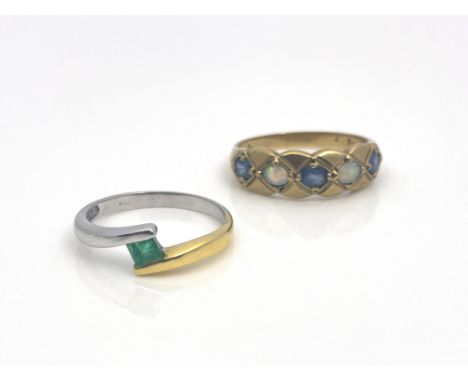 Two gold and gem set rings, including 18 carat bi colour gold and emerald ring, and a five stone sapphire and opal ring, 6.6g