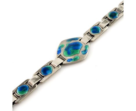 Murrle Bennett and Co., an Arts and Crafts silver and enamelled bracelet, the central, cushioned diamond form panel with ogee