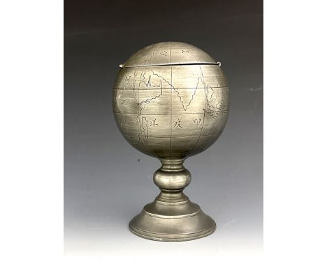 A Chinese novelty pewter ink stand, in the form of a globe with hinged cover, marked 'Lon Kee, Swato', 16cm high 