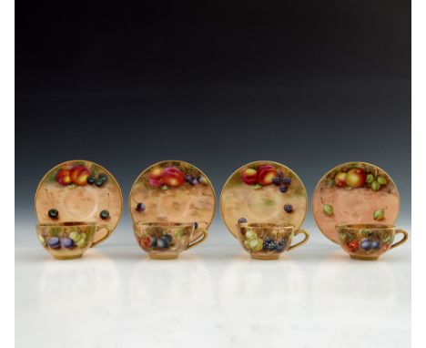 Freeman and Roberts for Royal Worcester, as set of four miniature fruit painted tea cups and saucers, circa 1950, decorated i