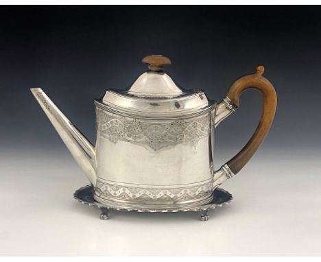 A George III silver teapot, Peter and Ann Bateman, London 1796, straight sided oval form, bright cut decorated with ribbon an