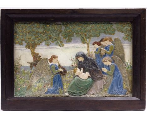 Circle of Robert Anning Bell, circa 1900, an Arts &amp; Crafts relief painted plaster panel, depicting Madonna and child surr