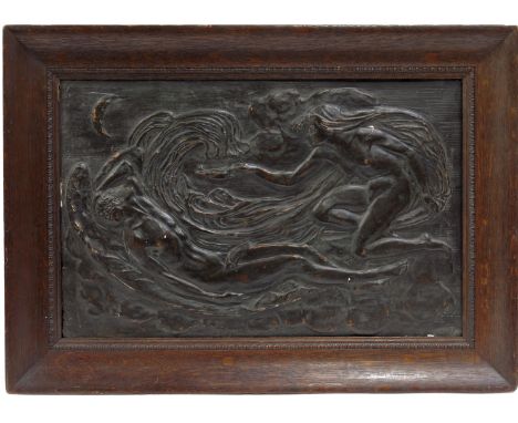 A British Arts &amp; Crafts bronzed plaster panel, early 20th Century, moulded with a classical scene depicting cupid and psy