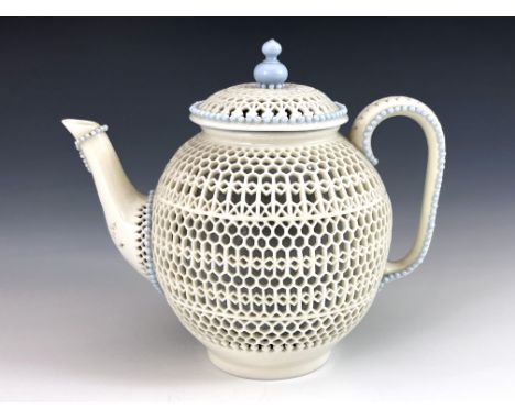 George Owen for Royal Worcester, a double walled reticulated teapot and cover, circa 1870, ovoid form, pierced with bands of 