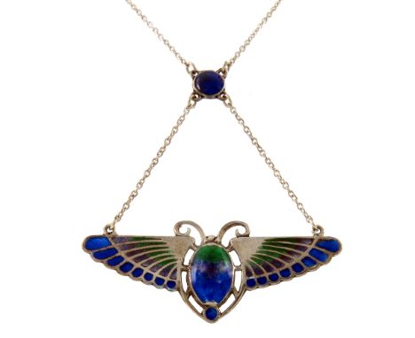An Arts and Crafts silver and enamelled pendant necklace, Adie and Lovekin, Birmingham 1912, Egyptian revival style, the wing