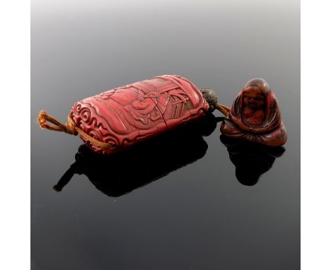 A carved red lacquer three case inro, 19th Century, one side carved with a pair of scholars in an interior, the other with an