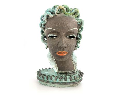 After Rudolf Knorlein, a bust of a lady wearing a high neck collar with green hair In the manner of Goldscheider, oval plinth