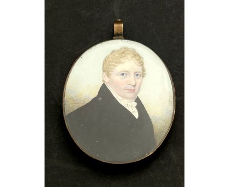 A portrait miniature on ivory, of a Gentleman in black coat, probably of Mr Wainman of Carhead, circa 1810, oval with platted