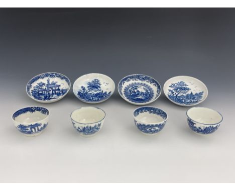 A collection of Worcester blue and white printed tea ware, circa 1775-1790, including a tea bowl and saucer, disguised 7 and 