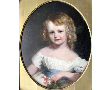 British School, mid 19th Century, portrait of a girl, half length in a white dress with blue sash, painted oval, oil on panel