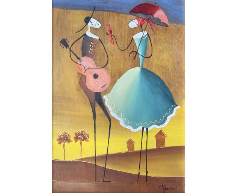 Ester Myatlov (Russian, 1976), Slow Tune: Lovers, a pair, both signed l.r., titled verso, oil on panel, 30 by 20cm, framed (2