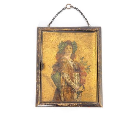 An Aesthetic Movement parlour hanging wall mirror, circa 1880, hinged door panel with a portrait of Sarah Bernhardt in a leaf