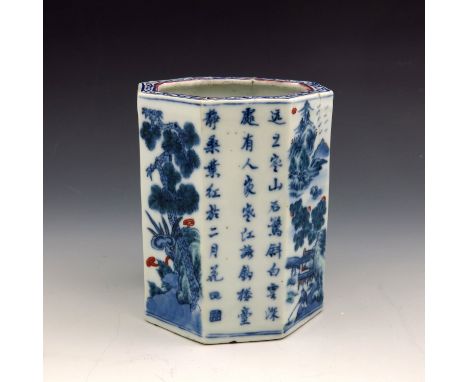 A Chinese blue and white porcelain brush pot, Qing dynasty, octagonal form with the Three Friends of Winter pattern, plants a