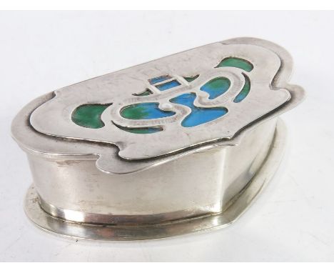 Kate Harris for William Hutton and Sons, an Arts and Crafts silver and enamelled box, London 1903, spade form with planished 