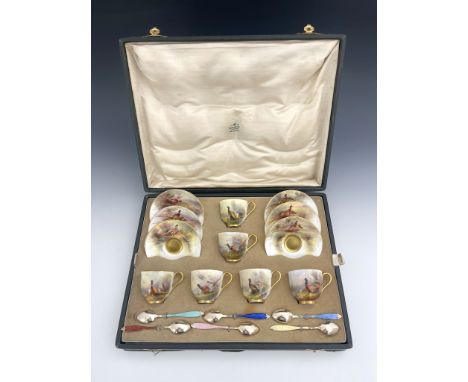 James Stinton for Royal Worcester, a boxed set of six Pheasant painted cups and saucers, 1926, each decorated with game birds