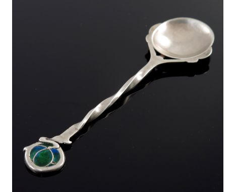 Archibald Knox for Liberty and Co., an Arts and Crafts Cymric silver and enamelled spoon, Birmingham 1903, twisted stem with 