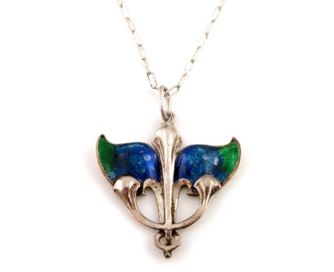 Archibald Knox for Liberty and Co. (attributed), an Arts and Crafts silver and enamelled pendant, trident form cast with thre