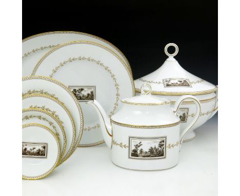 Richard Ginori, an extensive Pittoria dinner and tea service, each decorated with a monochrome Romantic landscape vignette, w
