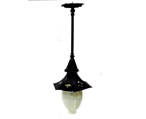 Norman and Ernest Spittle, a monumental Arts and Crafts copper and opalescent glass pendant light, the large ovoid shade with