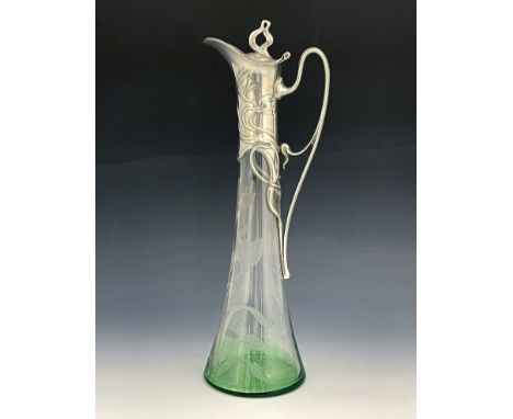 WMF for Ludwig Moser, a Jugendstil silver plate mounted etched glass claret jug, the trumpet form body engraved with stylised