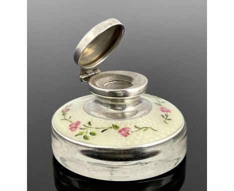 A George V silver and enamelled inkwell, Herbert Scott Murdoch, Birmingham 1923, the glass body mounted with cream guilloche 