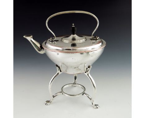 W A S Benson, an Arts and Crafts silver plated kettle on stand, model 575, circa 1900, the ogee teapot with swan neck handle 