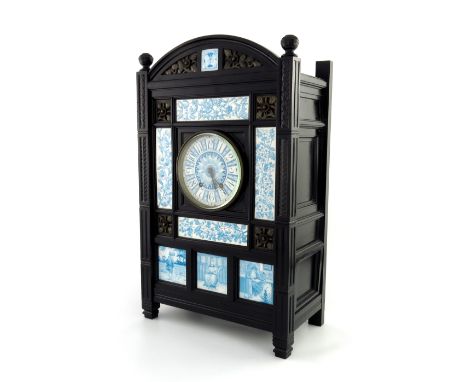 Lewis Foreman Day, an Aesthetic Movement ebonised bracket clock, circa 1883, the six inch blue and white painted dial within 