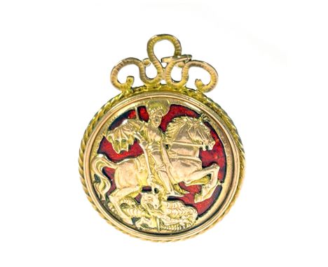 Omar Ramsden, an Arts and Crafts gold and enamelled pendant, St George and the Dragon, the reverse with the arms of Jerusalem