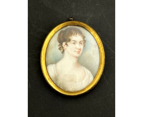 A portrait miniature on ivory, Mrs  Walker Skirrow, nee Miss M A Wainman, circa 1810, oval, in gilt frame, 7cm x 6cm         