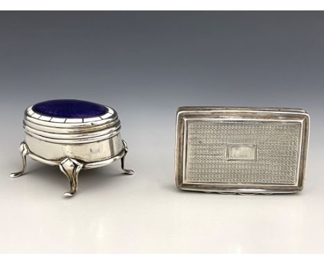 A George III silver snuff box, John Bettridge, Birmingham 1826, engine turned cuboid form, together with an enamelled silver 