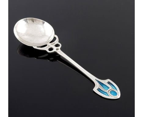Kate Harris for G L Connell, an Arts and Crafts silver and enamelled spoon, London 1904, circular planished bowl with open tr