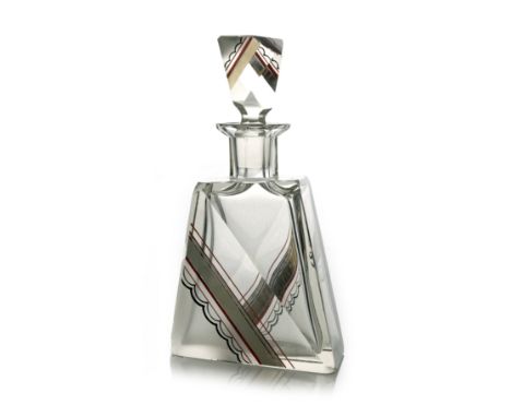 Karl Palda (attributed), an Art Deco glass and enamelled decanter, cut angled facet form, etched and enamelled with stripe pa