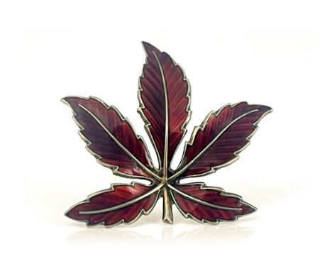 Bernard Meldahl, a Norwegian Modernist silver gilt and enamelled acer leaf brooch, circa 1960s, red basse taille enamel, 4.5c