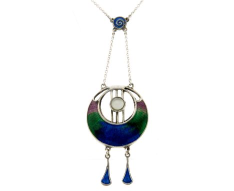 Charles Horner, an Arts and Crafts silver and enamelled necklace, Chester circa 1910, the circular pendant with crescent pane