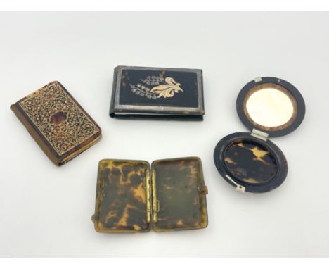 A collection of Victorian and later tortoiseshell cased boxes and note pads, including cigarette case, compact and diary, som