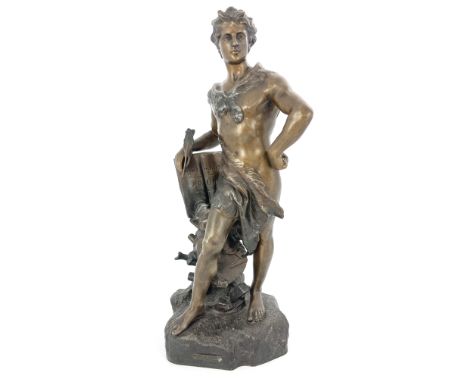 Henri Louis Levasseur, Genie Du Travail, an Art Nouveau patinated art metal figure, modelled as a writer resting on a book su