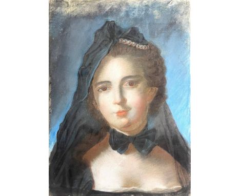 French School, mid 19th century, portrait of a young lady, bust length wearing a blue shawl, pearl hair ornament and blue bow