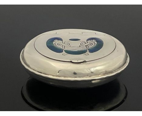 Archibald Knox for Liberty and Co., an Arts and Crafts Cymric silver and enamelled box, Birmingham 1904, circular form, the i