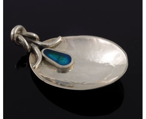 John Stuart Shellis, an Arts and Crafts style silver and enamelled caddy spoon, Birmingham 2016, the egg form bowl with appli
