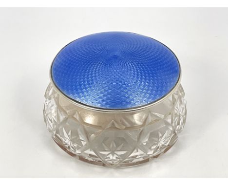 A George V silver and enamelled cut glass box and cover, Barker Brothers Silver, Birmingham 1933, the slightly domed lid with