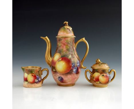 John Freeman and Frank Roberts  for Royal Worcester, a miniature fruit painted three piece coffee set, circa 1950-1960,  balu