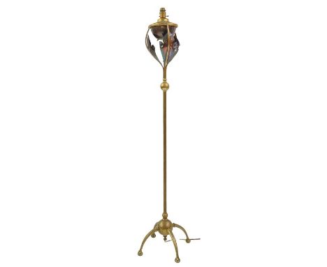 W A S Benson, an Arts and Crafts copper and brass floor standing lamp, circa 1900, the oil lamp reservoir converted to electr